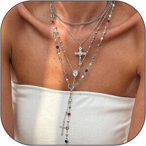 Elegant Layered Cross Necklace for Women - Adjustable Choker & Long Chain